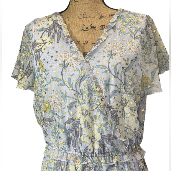 Lauren Conrad NWOT light blue and metallic gold floral pullover dress Size Large - Picture 6 of 9